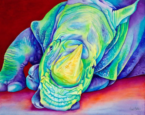 Blue Rhino: Signed Print from original watercolor rhinoceros painting.