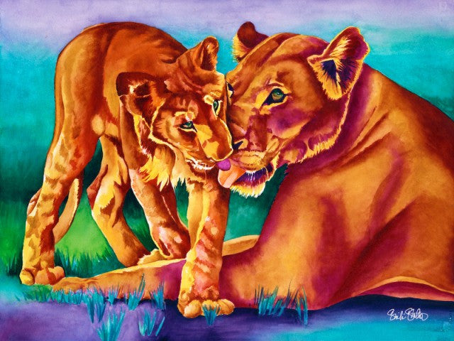 Pride: Signed Print from original watercolor lioness and cub painting.