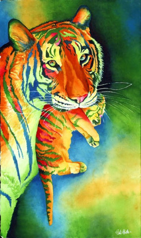 Sanctuary: Signed Print from original watercolor tiger and cub painting.