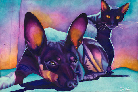 Win & Nef: Signed Print from original watercolor cat and dog painting.