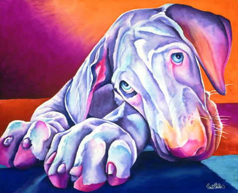 Gomez: Signed Print from original watercolor great dane puppy painting.