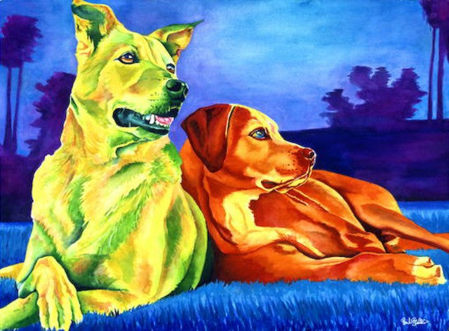 Gunny & Bogey: Signed Print from original watercolor dogs painting.