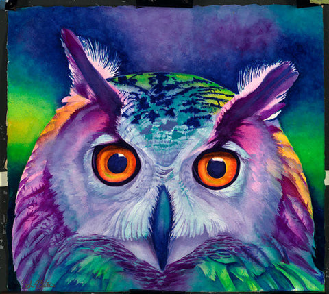 Hoot: Signed Print from original watercolor owl painting.